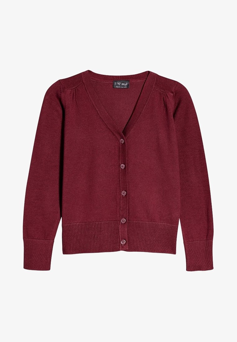 Cardigan en maille bordeaux pour femme, à manches longues, col en V, fermeture à boutons sur le devant, avec poignets et ourlet côtelés.