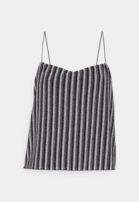Haut sans manches à rayures verticales noires et blanches avec fines bretelles spaghetti et un col légèrement arrondi.