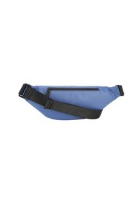 Blaues wasserdichtes Gürteltasche aus glattem Material. Verfügt über einen schwarzen verstellbaren Gurt und eine Reißverschlusstasche auf der Vorderseite.
