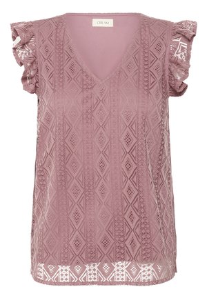 Rosa ärmelloses Oberteil mit V-Ausschnitt, das strukturierte geometrische Muster und Spitzenrüschenelemente an den Schultern und am Saum aufweist.