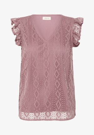 Lyserød ærmeløs top med V-hals, der har teksturerede geometriske mønstre og blonde-flæse accenter ved skuldrene og kanten.