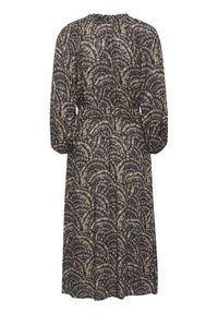 Pitkähihaisessa midi-mekossa on elastinen vyötärö, jossa on beige ja musta abstrakti fanitettu kuvio. Mekko esitetään takaa valkoista taustaa vasten.