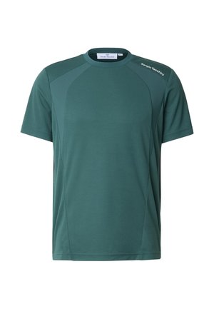 Dunkelgrünes, kurzärmeliges sportliches T-Shirt mit Netzpaneelen, Rundhalsausschnitt und weißem "Sergio Tacchini"-Logo auf der rechten Schulter und am Halsband.