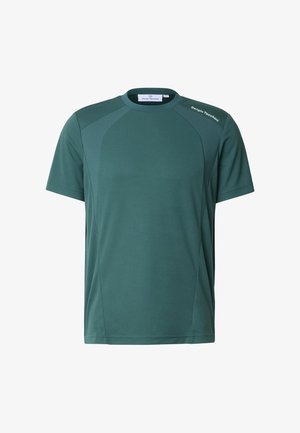 Dunkelgrünes, kurzärmeliges sportliches T-Shirt mit Netzpaneelen, Rundhalsausschnitt und weißem "Sergio Tacchini"-Logo auf der rechten Schulter und am Halsband.