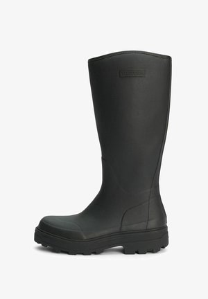 Schwarzer, wasserdichter Gummistiefel mit hohem Schaft, robustem strukturiertem Profil und glatter Oberfläche; mit einem Logo an der Außenseite.