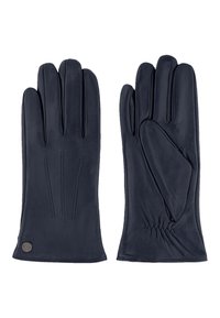 Marineblaue Lederhandschuhe mit drei dekorativen Nahtlinien auf dem Handrücken, elastischem Bündchen am Handgelenk und einem kleinen Logo am Saum.