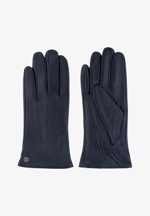 Marineblaue Lederhandschuhe mit drei dekorativen Nahtlinien auf dem Handrücken, elastischem Bündchen am Handgelenk und einem kleinen Logo am Saum.