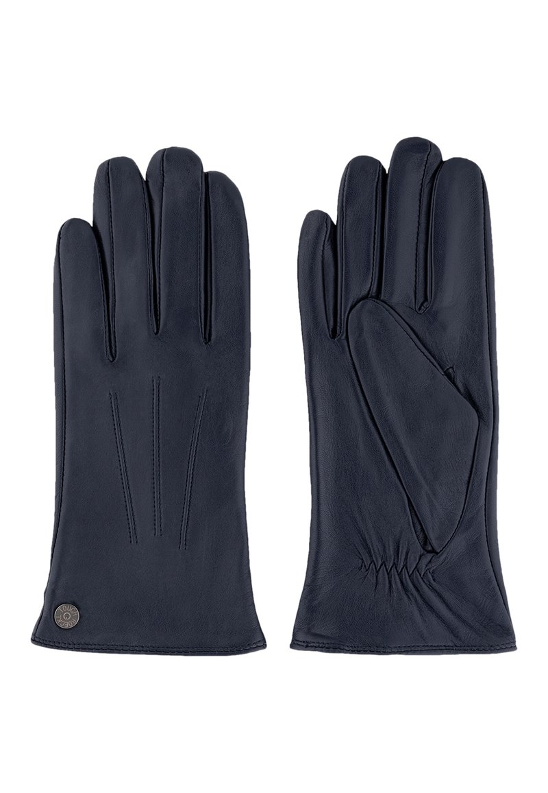 Marineblaue Lederhandschuhe mit drei dekorativen Nahtlinien auf dem Handrücken, elastischem Bündchen am Handgelenk und einem kleinen Logo am Saum.