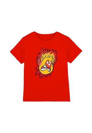 Red t-shirt with a cartoon face featuring fiery hair, pointed ears, a red nose, and an angry expression.