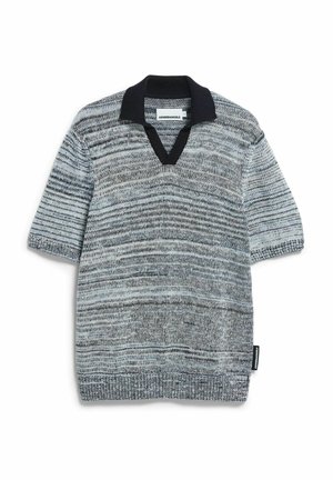 Short-sleeve knit polo shirt in mixed gray tones with black collar and V-neck, featuring a small brand label on the hem.