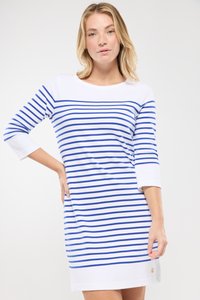 Kleid mit Dreiviertelärmeln in Blau- und Weißstreifen, einem runden Ausschnitt und einer taillierten Silhouette. Aus weichem Baumwollmix.