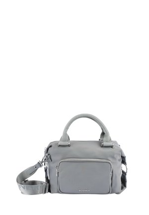 Grey handbag with a smooth, matte finish. Features dual top handles, a detachable shoulder strap, and a front zippered pocket.