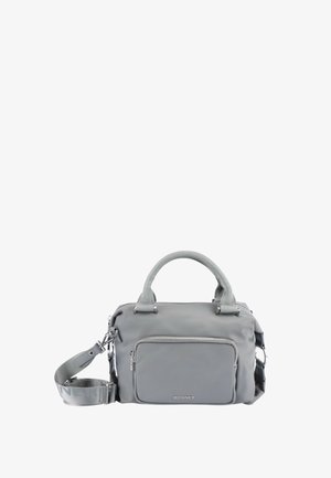 Sac à main gris avec une finition lisse et mate. Comprend deux poignées supérieures, une bandoulière amovible et une poche zippée à l'avant.