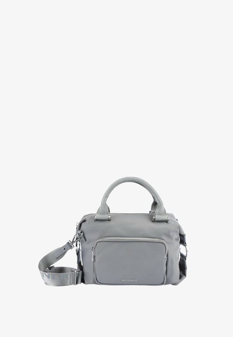 Borsa grigia con una finitura liscia e opaca. Presenta manici superiori doppi, una tracolla staccabile e una tasca frontale con zip.