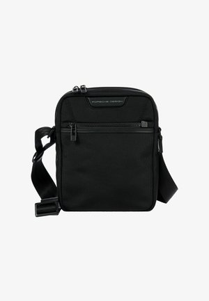 Zwarte schoudertas van textuurstof, met een hoofdvak met rits, een voorvak en een verstelbare band.