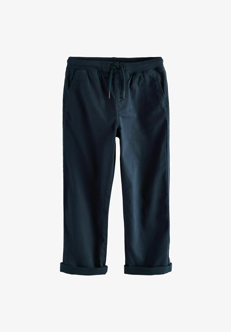 Námořnické modré kalhoty z měkké látky s elastickým pasem, nastavovací šňůrkou, bočními kapsami a ohrnutými nohavicemi.