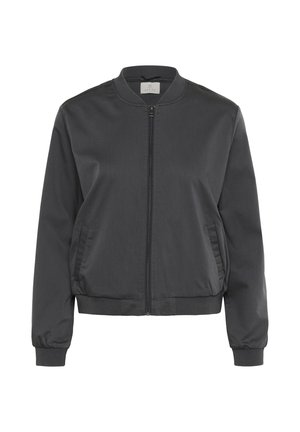 Blouson noir gris, avec fermeture éclair sur le devant, col et poignets côtelés, poches latérales et une texture de tissu lisse.