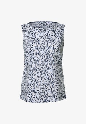 Top sans manches en tissu blanc avec un motif de feuilles bleues. Encolure ronde, coupe droite et matériau léger.