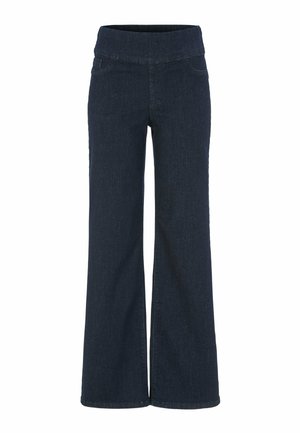 Tummansiniset leveät farkut, joissa on joustava vyötärö ja etutaskut, esillä valkoista taustaa vasten.