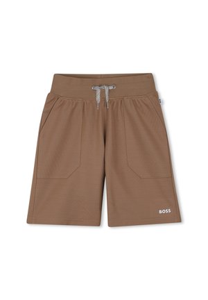 Shorts marron en tissu texturé, avec une taille élastique, un cordon de serrage réglable et deux poches avant. Affiche le logo "BOSS" en blanc.