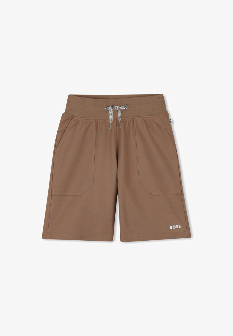 Shorts marron en tissu texturé, avec une taille élastique, un cordon de serrage réglable et deux poches avant. Affiche le logo "BOSS" en blanc.