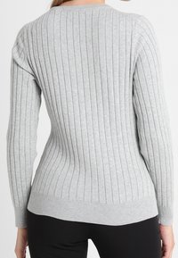 Maglione grigio chiaro a coste con maniche lunghe e scollatura rotonda. Il materiale è morbido, presenta strisce verticali e un design aderente.