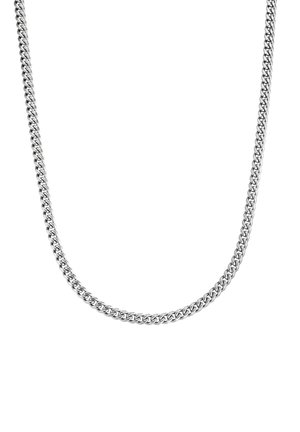 Silver chain necklace featuring smooth, interlocking links with a flat design, showing a polished finish and even spacing throughout.
