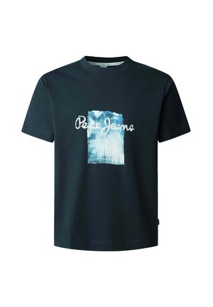 Navy blue cotton t-shirt featuring a central graphic in light blue and white, displaying "Pepe Jeans London" in a casual font. Short sleeves.