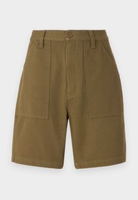 Olive green shorts made of cotton blend fabric. Features a button closure, two front pockets, and a straight leg design.