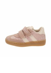 Sneakers per bambini color rosa chiaro con tomaia in suede, due cinturini in velcro, design perforato e suola in gomma.