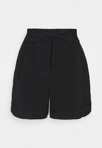 Shorts noirs taille haute avec ourlets retroussés et ceinture assortie en tissu nouée en nœud à l'avant.