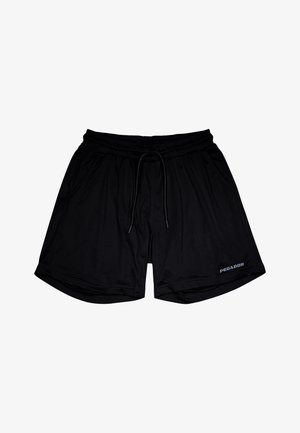 Black athletic shorts made of lightweight, breathable fabric. Features an elastic waistband with a drawstring and side pockets. Logo on leg.
