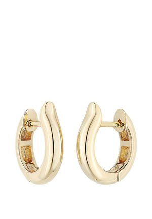 Pair of smooth, thick gold hoop earrings with a slightly curved, rounded design and a hinged closure.