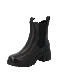 Botines negros hechos de cuero liso, con paneles laterales elásticos y un tacón de goma grueso con una suela texturizada.