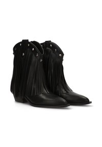 Botas de tobillo de cuero negro con flecos largos, tachuelas metálicas en la parte superior, punta afilada y un tacón bajo y apilado. Cierre con cremallera en el lateral.
