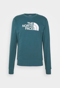Sweat-shirt à manches longues en teal en coton, avec un logo blanc sur la poitrine et des poignets et un ourlet côtelés. Texture lisse, col rond.