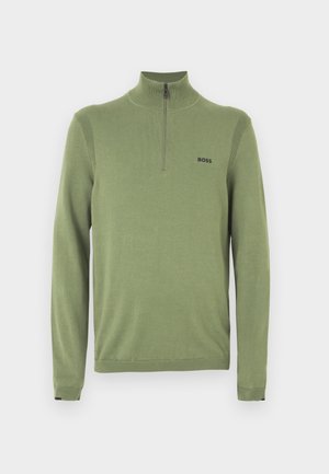 Green pullover sweater with a high neck and half-zip closure. Features ribbed accents on shoulders and a black "BOSS" logo on the chest.
