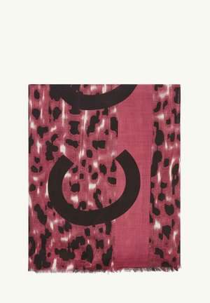 Pink patterned scarf featuring black abstract shapes, leopard print accents, and frayed edges, made of lightweight fabric.