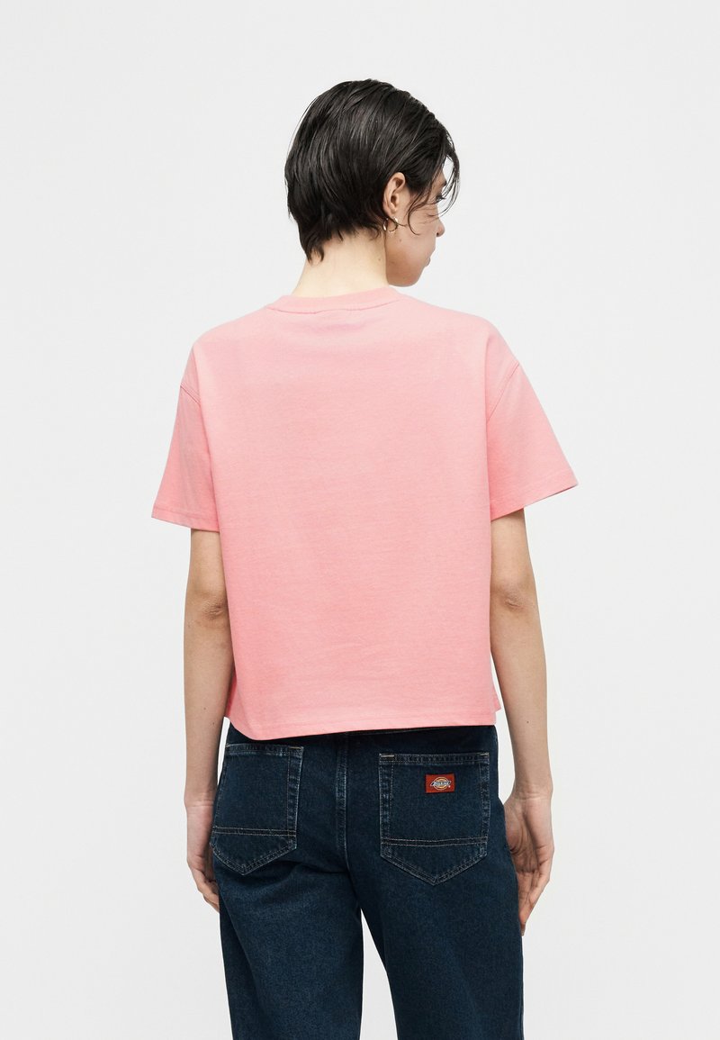 Persoon met kort donker haar, gekleed in een effen roze T-shirt met korte mouwen en donkere blauwe spijkerbroek, van achteren gezien tegen een witte achtergrond.