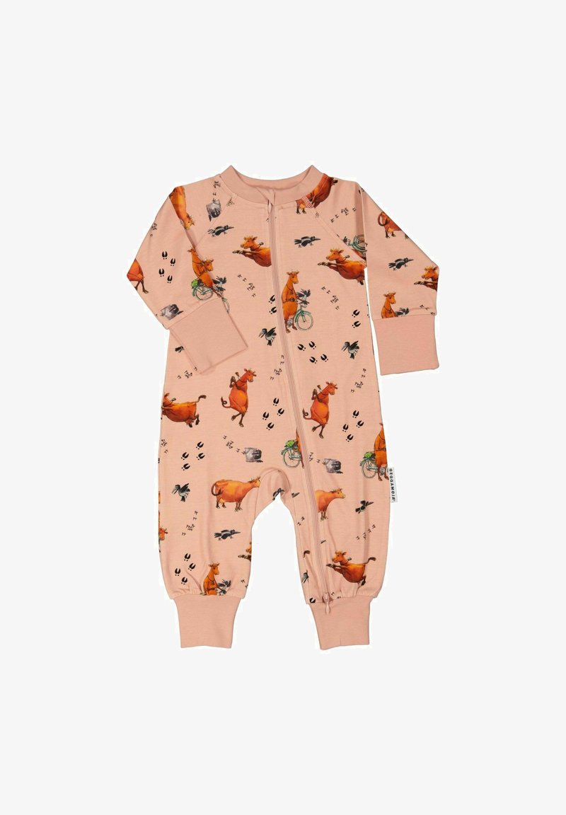 Vaaleanpunainen puuvillapuku pitkillä hihoilla ja etuvetoketjulla, jossa on leikkisiä eläinkuvastoja, mukaan lukien lehmiä ja lintuja, sekä ribbineulekärjet.