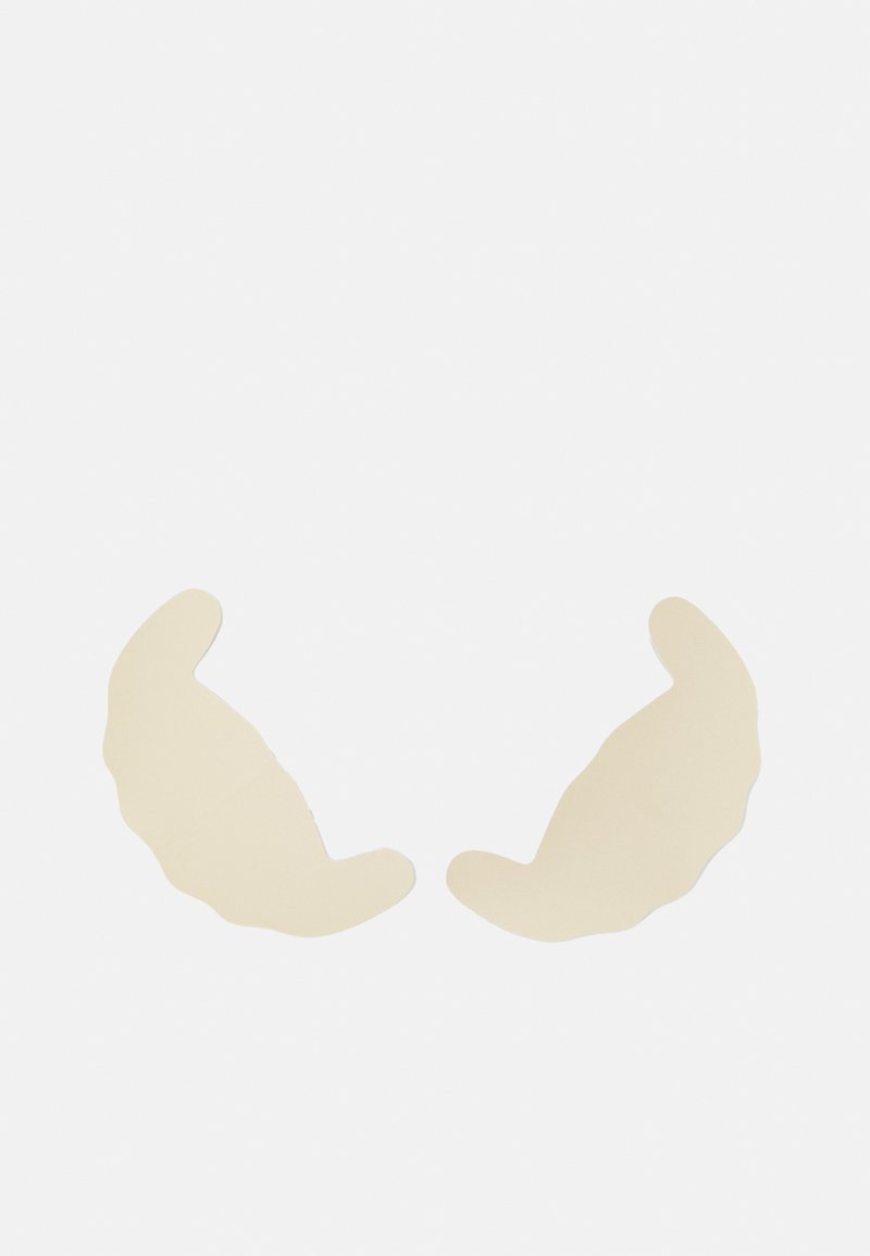 Cream-colored silicone pads shaped like hands, featuring smooth surfaces and rounded edges, designed for cushioning or grip.