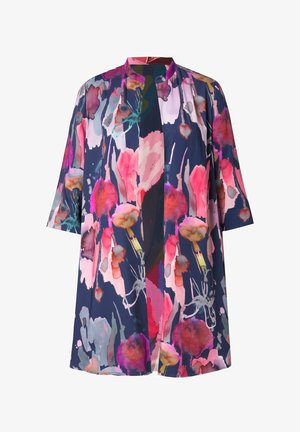 Kimono floreale blu navy con motivi vivaci in rosa, viola e verde. Tessuto leggero, maniche a mezza lunghezza, design con apertura frontale.