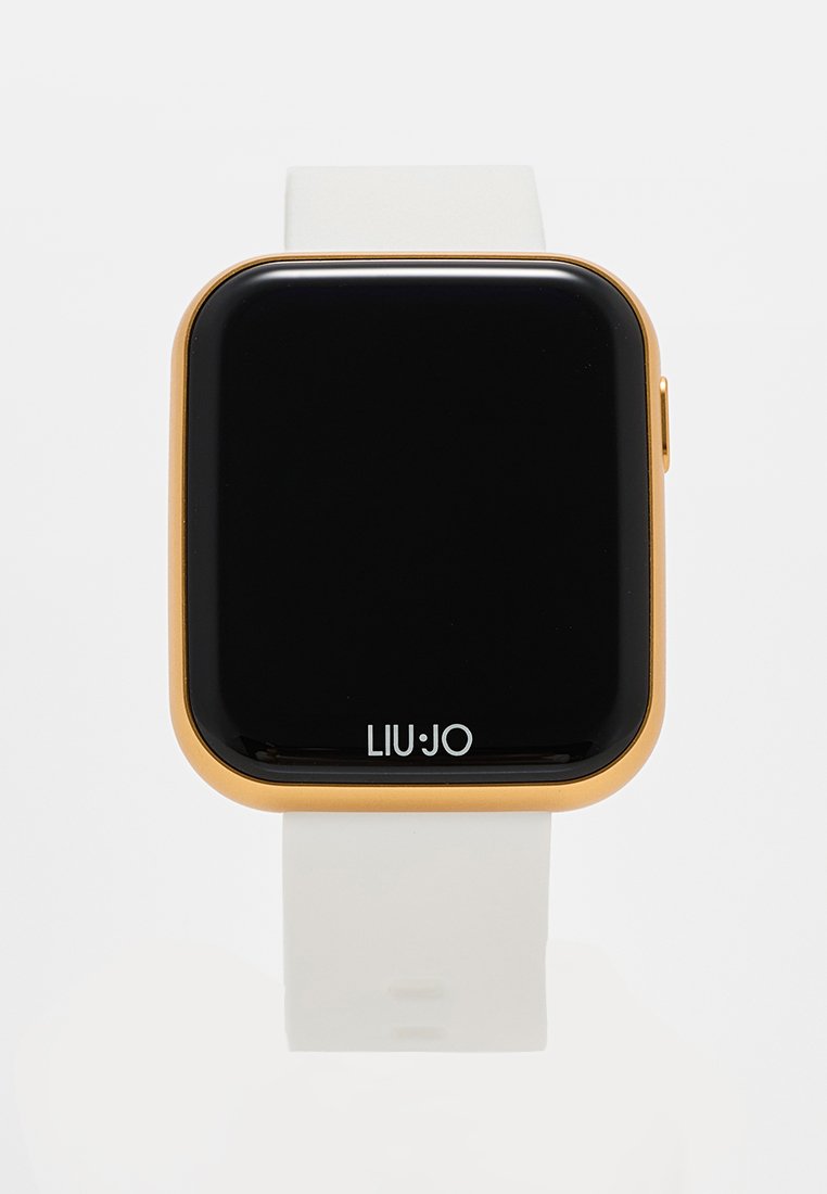 Orologio quadrato con quadrante nero lucido, cassa in metallo color oro e cinturino in silicone bianco. Presenta il nome del brand "LIU·JO" nella parte inferiore.