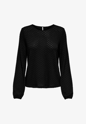 Melna garām piedurknēm augšdaļa, kas izgatavota no teksturēta auduma, ar apaļu kakla izgriezumu un savilktām piedurknēm. Raksts sastāv no paaugstinātiem ģeometriskiem elementiem.