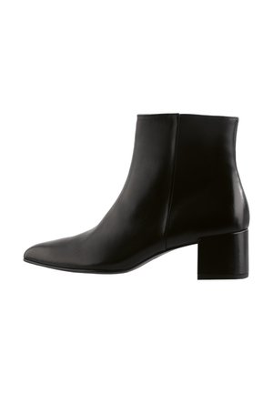 Black leather ankle boot with a pointed toe and block heel. Smooth texture, minimal design, and a solid color without visible hardware.