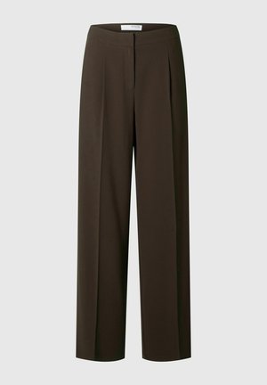 Pantalon marron foncé à jambes larges avec une fermeture avant dissimulée et une ceinture, présenté sur un fond uni.