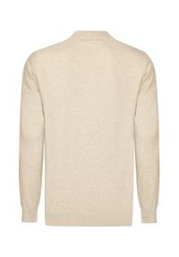 Maglione lavorato a maglia beige con maniche lunghe, dotato di colletto tondo e polsini a costine. Tessuto liscio con un motivo sottile e uniforme in tutto il capo.