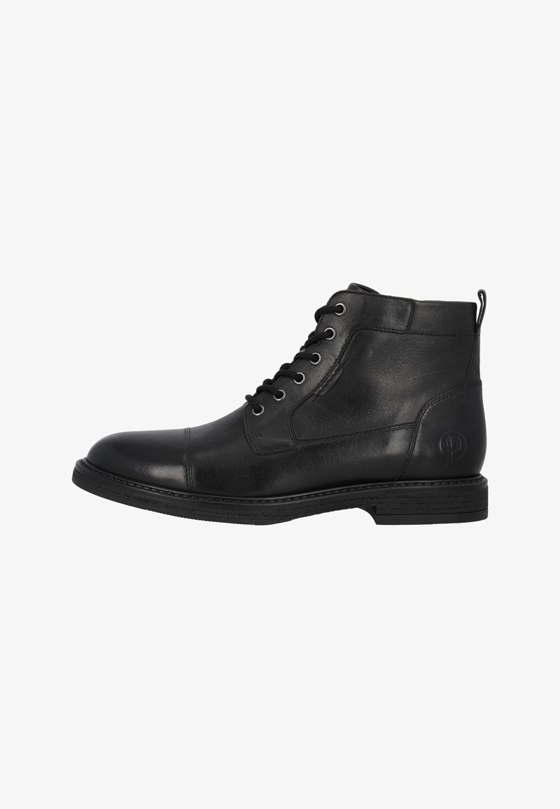 Bottine en cuir noir avec bout rond, design à six œillets avec lacets, détails de couture subtils et semelle en caoutchouc texturée.