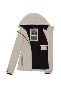 Beige hooded jacket with a zip front, black lining, and zippered pockets. Features branded tags and red accents along the inside edges.