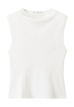 Weißes ärmelloses Oberteil mit hohem Ausschnitt und leichter Schulterpolsterung, das dezente Nahtdetails an den Vorderseiten aufweist.